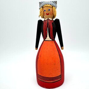 Swedish Vingaker Wood Folk Peg Doll Blonde Hair Blue Eyes Hand Painted Face Vtg